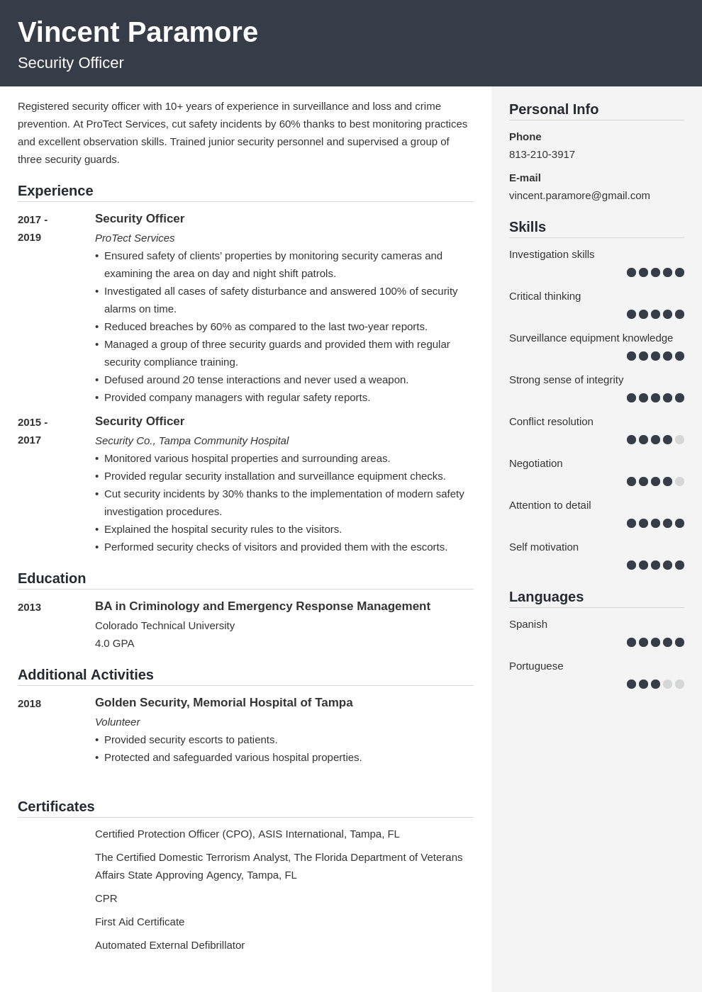 security officer resume example template cubic