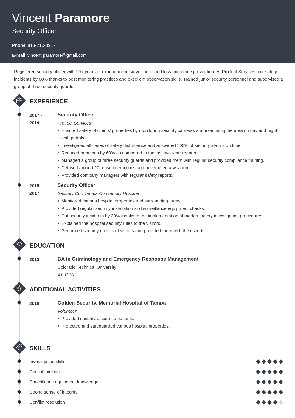 security officer resume example template diamond