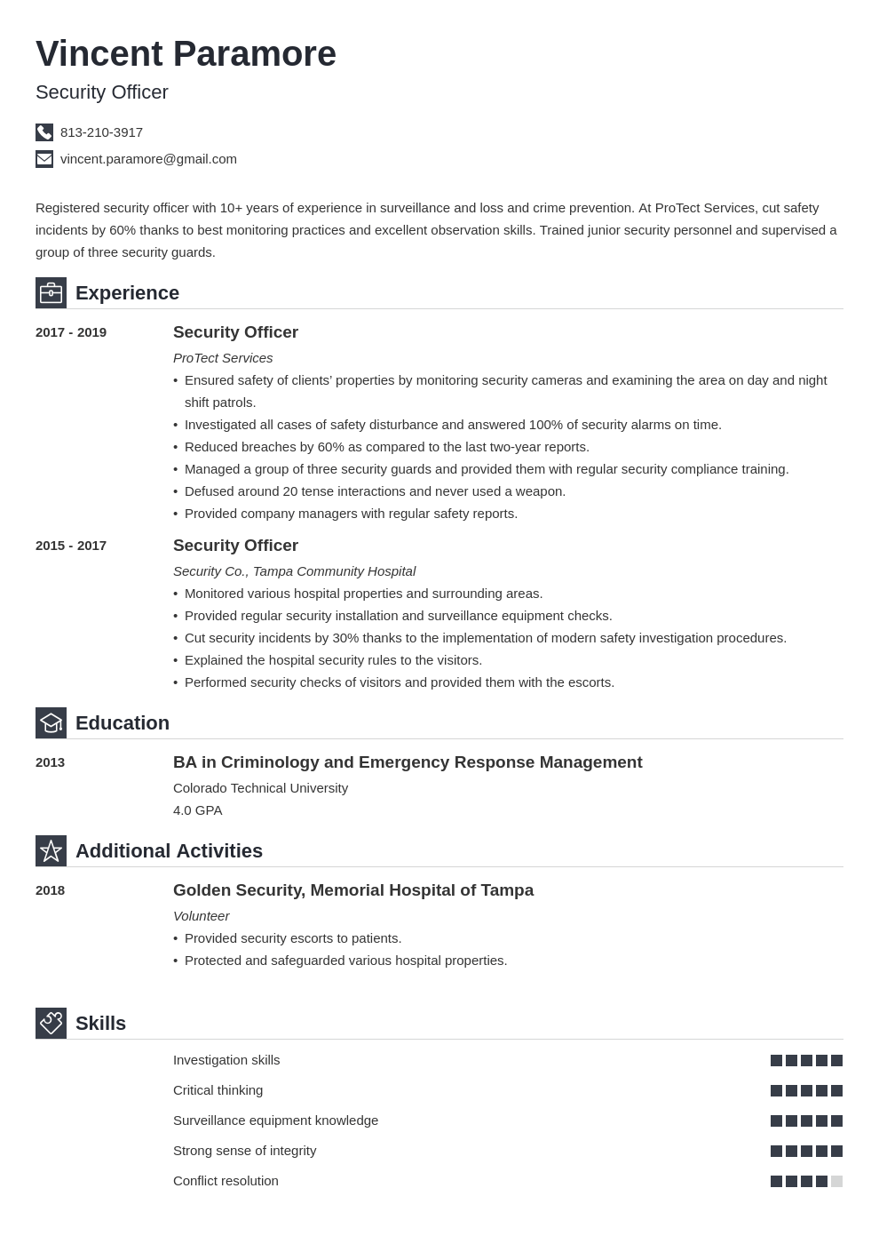 security officer resume example template iconic