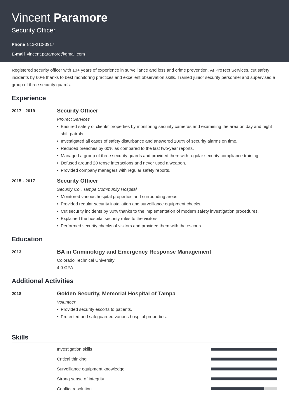 security officer resume example template influx