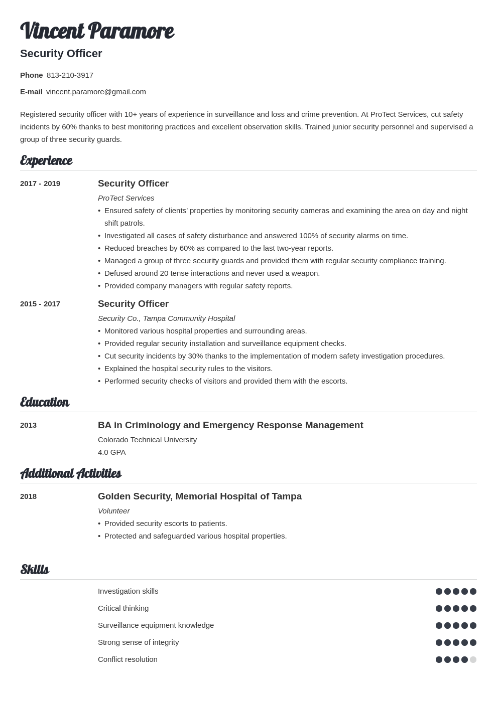 security officer resume example template valera