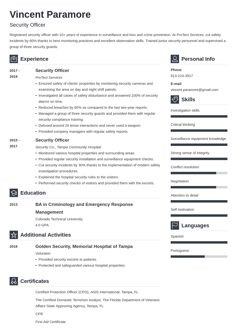 security officer resume example template vibes