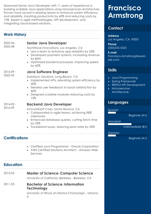 senior java developer resume example