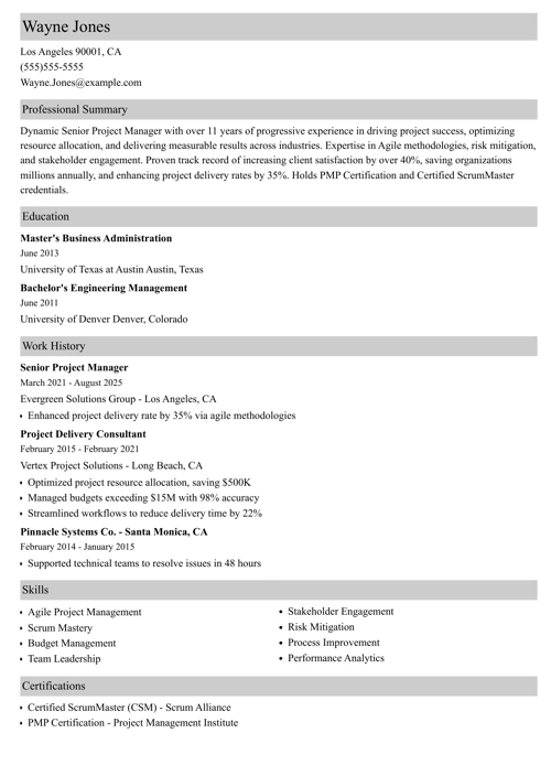 senior project manager resume example