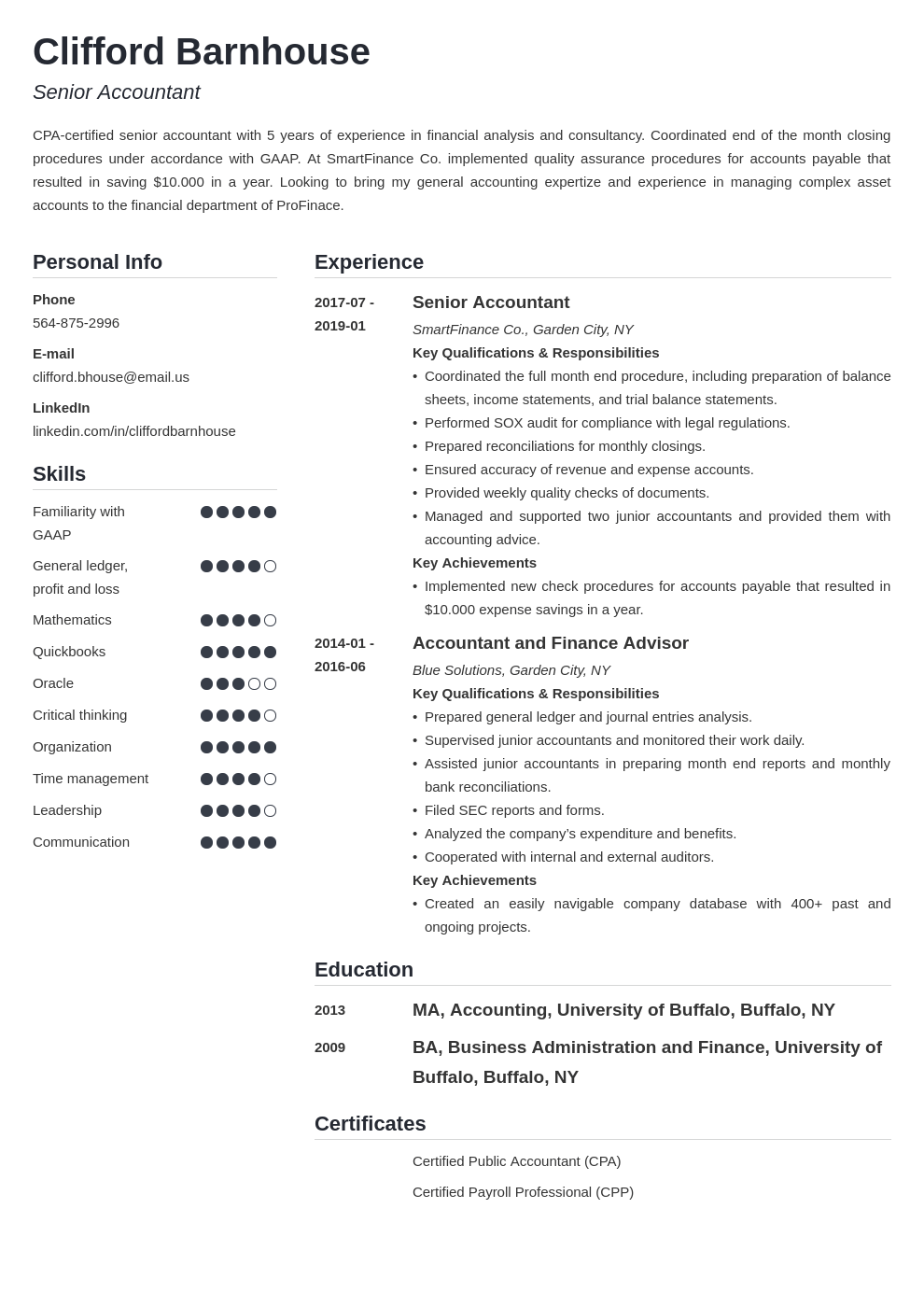 senior accountant resume example template simple