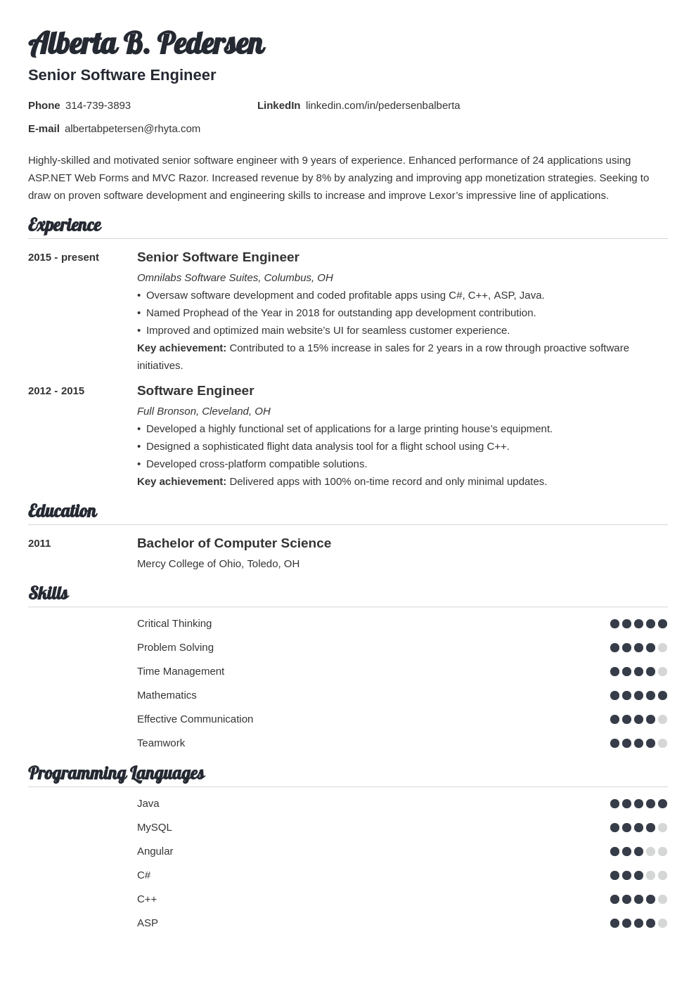 Skills For Resume Senior Software Engineer