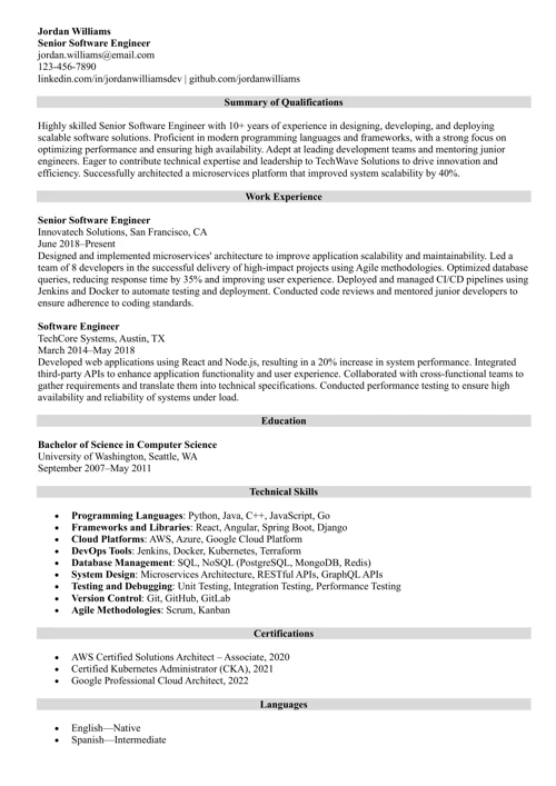 Senior Software Engineer Resume Sample