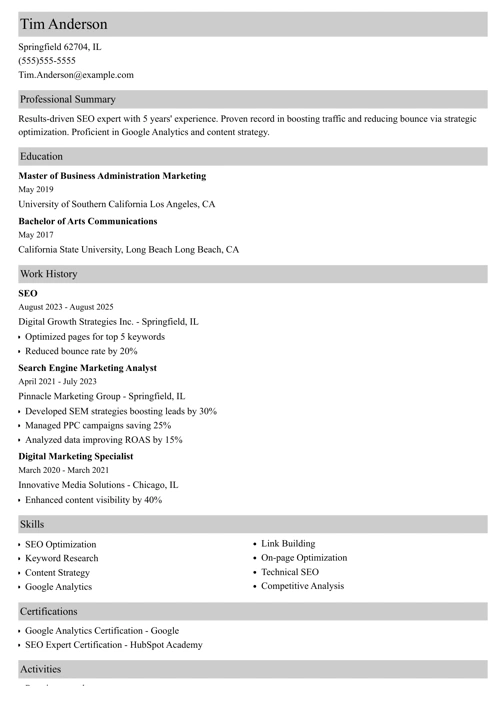 Seo resume example
