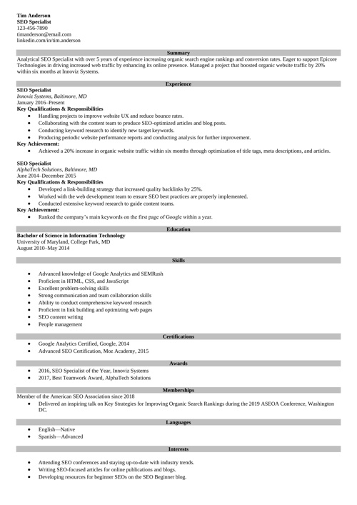 Seo resume example