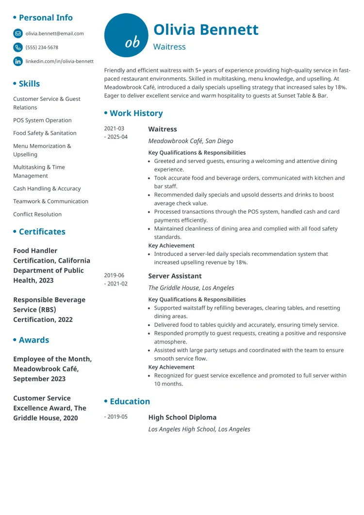 Waitress Resume Example by zety