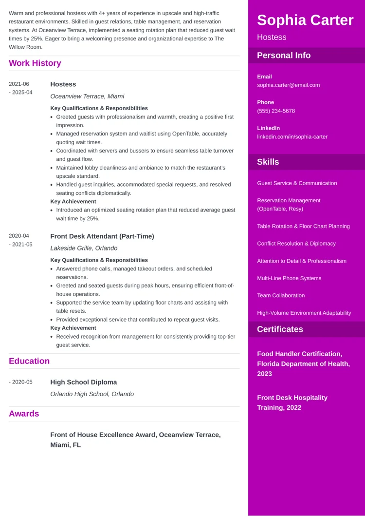 Hostess Resume Example by zety