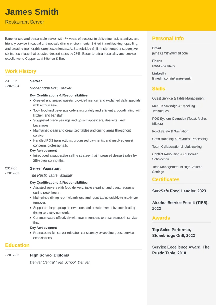 Restaurant Server Resume Example by zety