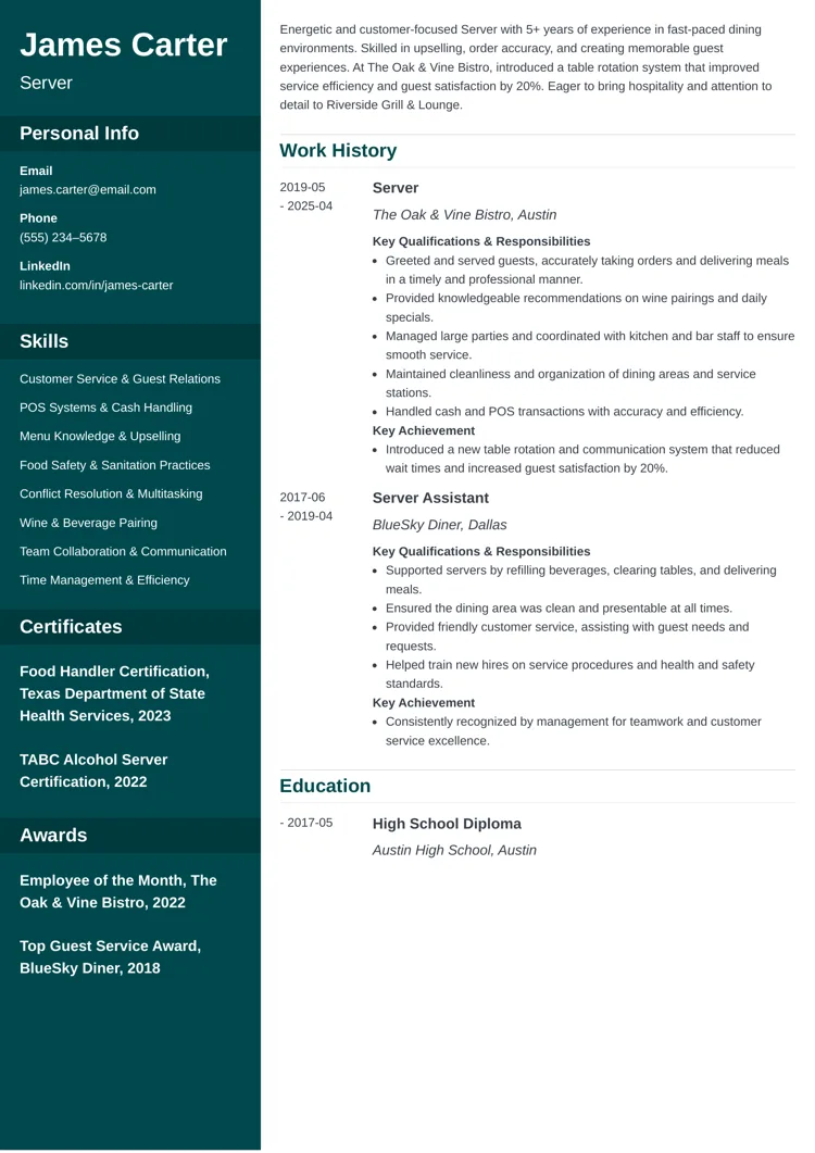 Server Resume Example by zety