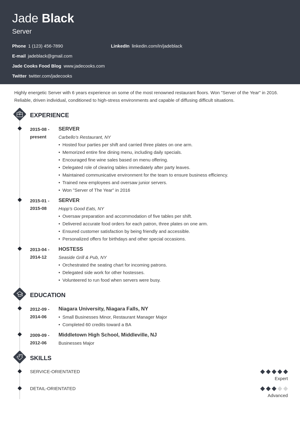 Restaurant Server Job Description Sample For 2024   Server Job Description For Resume Template Diamond 