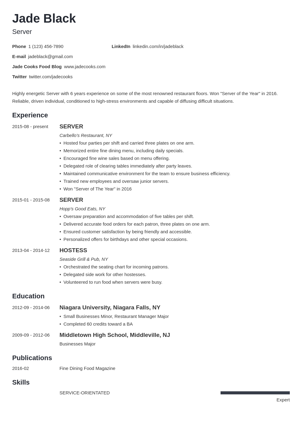 Server Job Description For A Resume Examples And How To