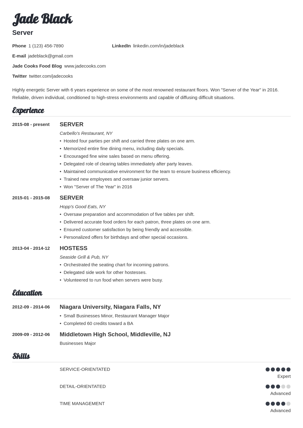 Server Job Description for a Resume: Examples and How-To