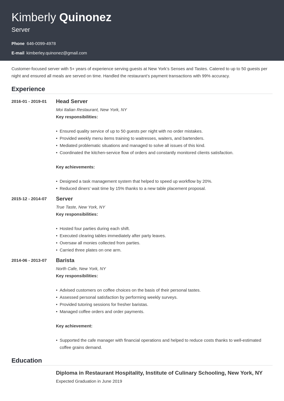 Server Resume Examples Skills   Template for 2024