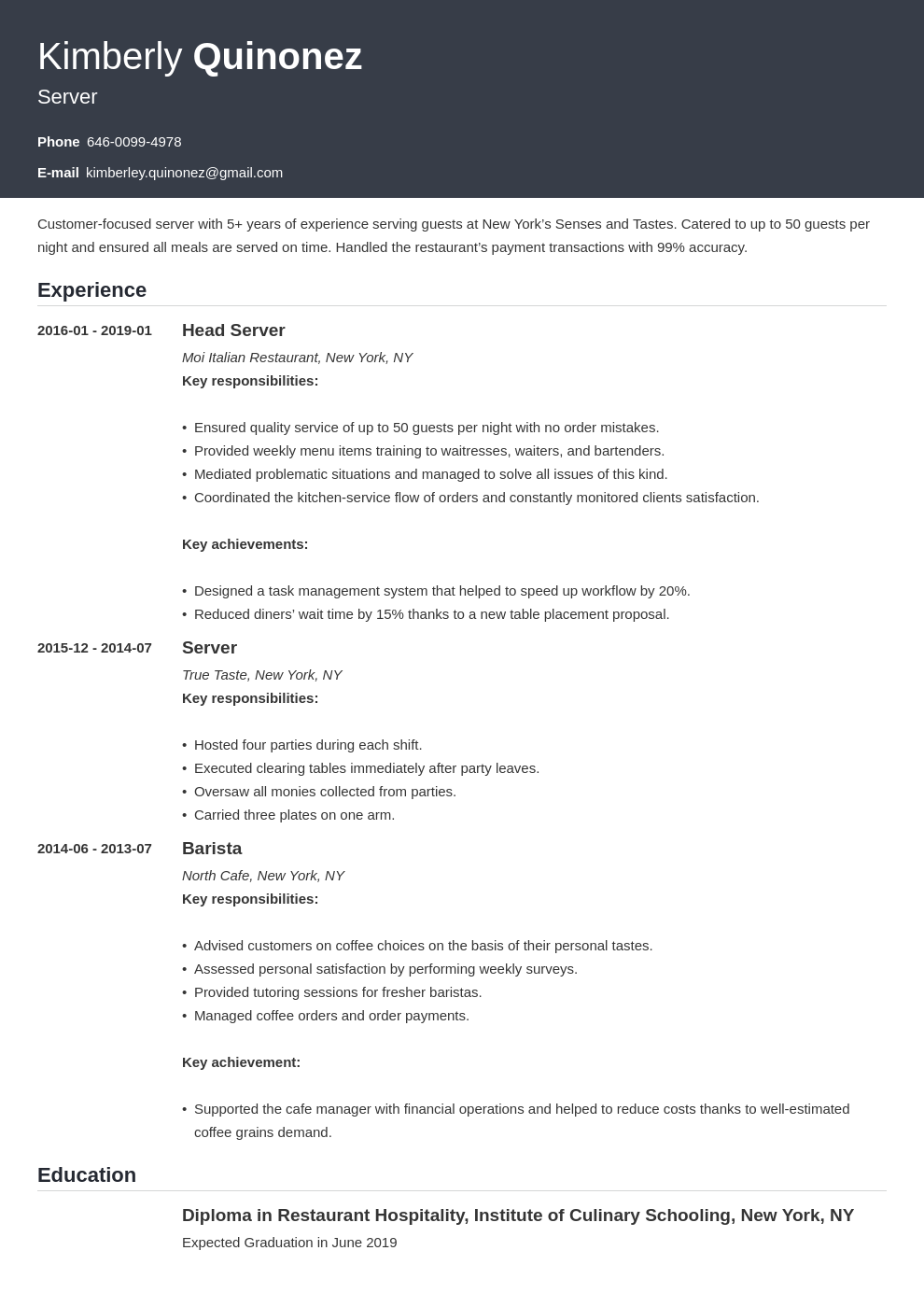 Server Resume Examples [+ Skills For Any Restaurant in 2024]