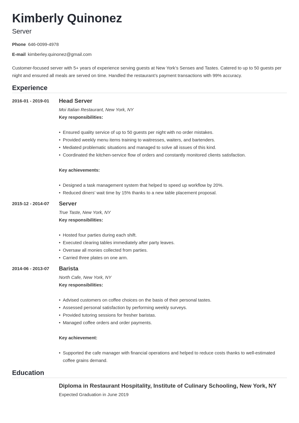 Server Resume Sample Complete Guide 20 Examples