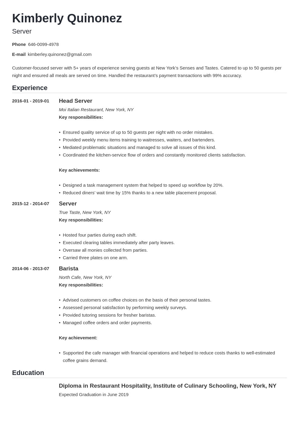 Server Resume Examples, Skills + Template for 2024