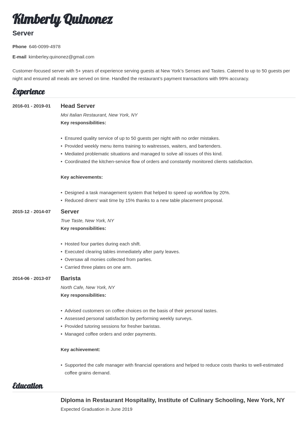 word downloadable resume templates for resteraunt servers