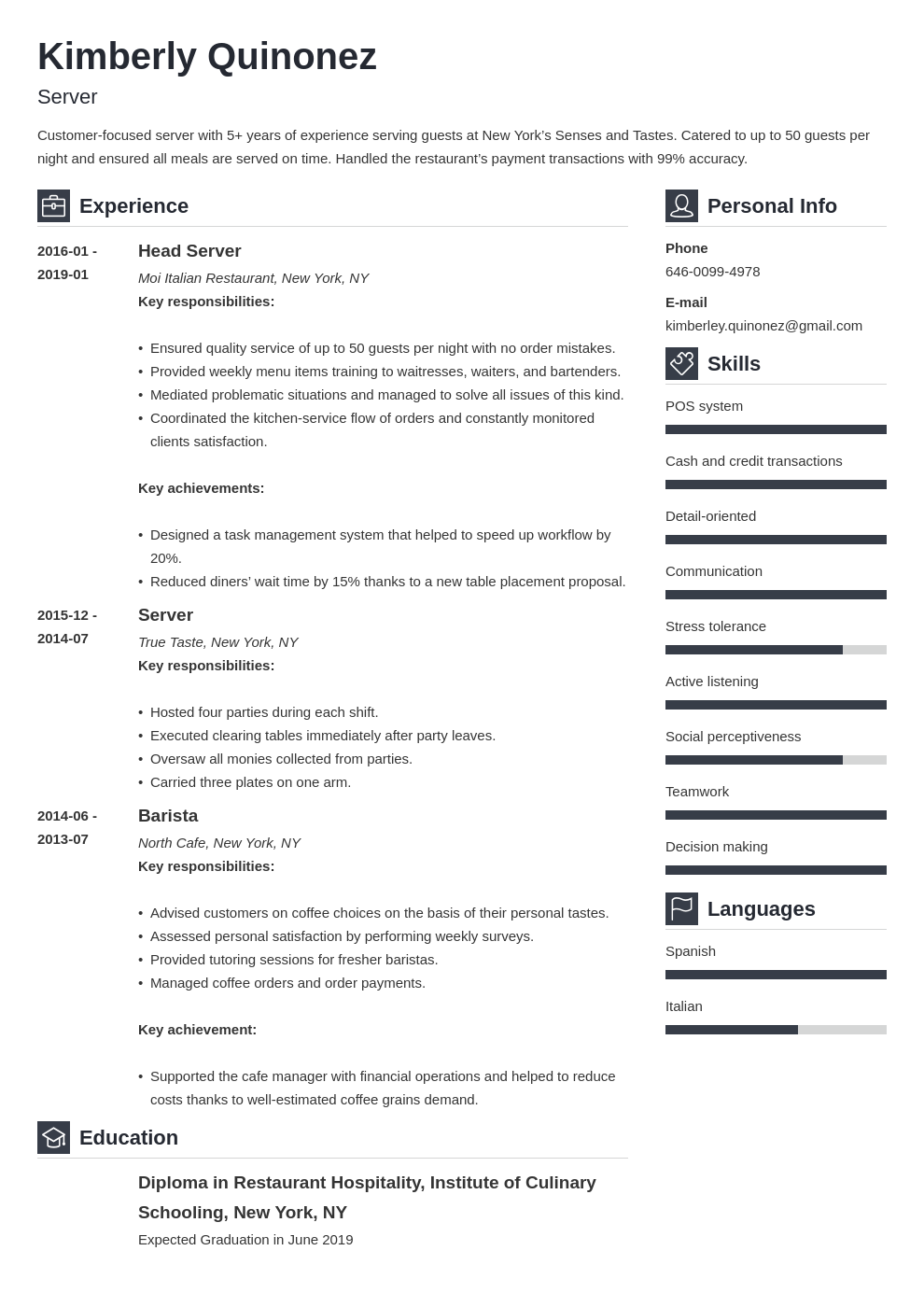 Server Resume Examples Skills   Template for 2024