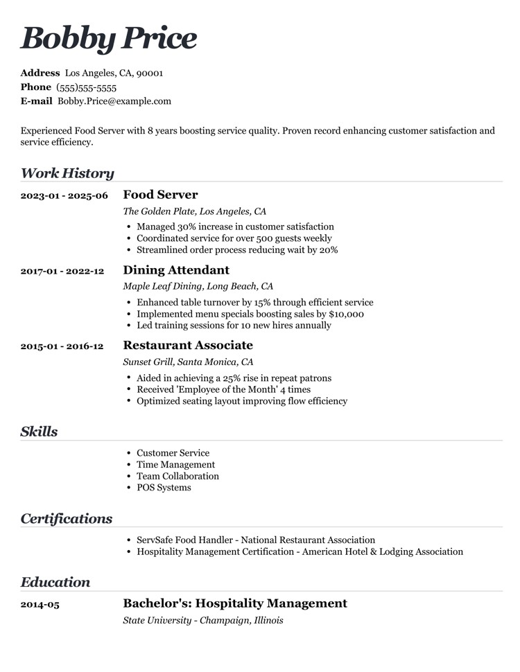 Server Resume Example