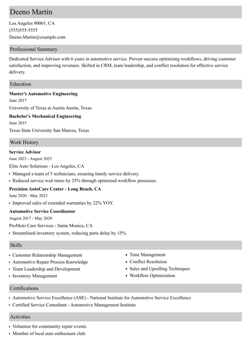 service advisor resume example