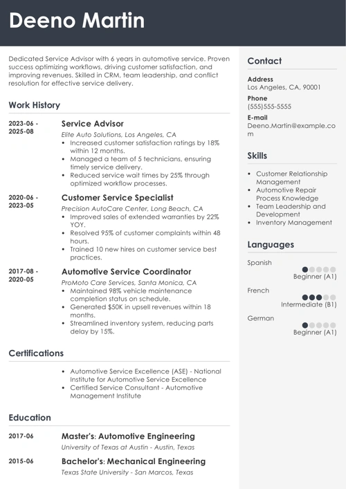 service advisor resume example