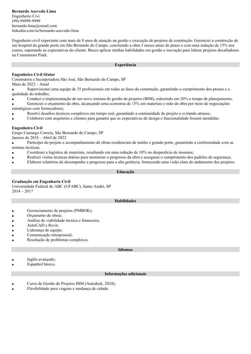exemplo de currículo para um setor em crescimento no Brasil