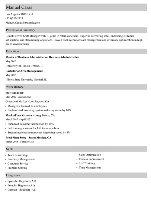 Shift Manager Resume Example