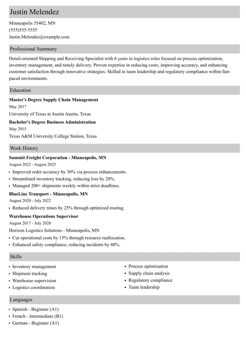 shipping and receiving resume example