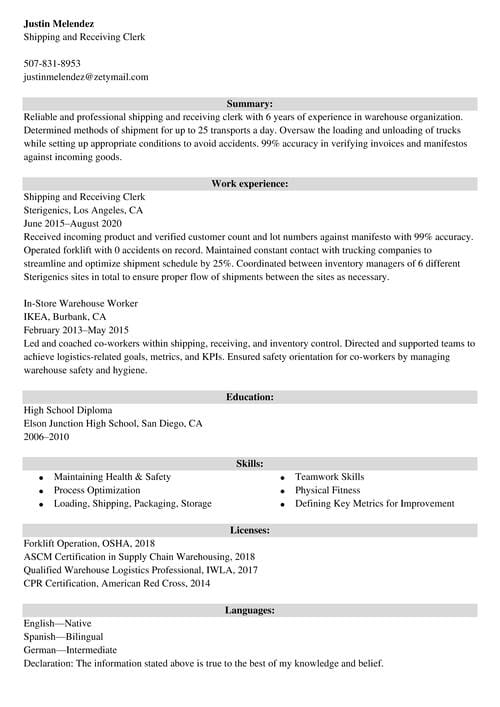 shipping and receiving resume example