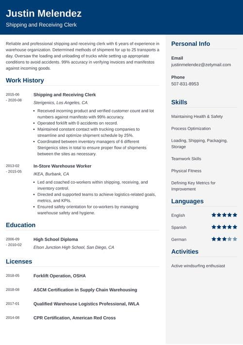 shipping and receiving resume example