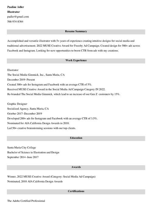 Resume Example made in Zety Resume Builder