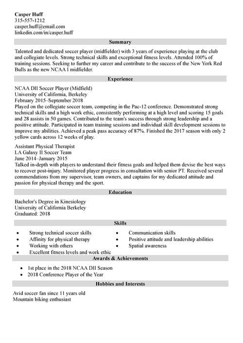 soccer resume example