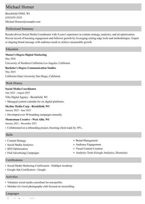 Social media coordinator resume example