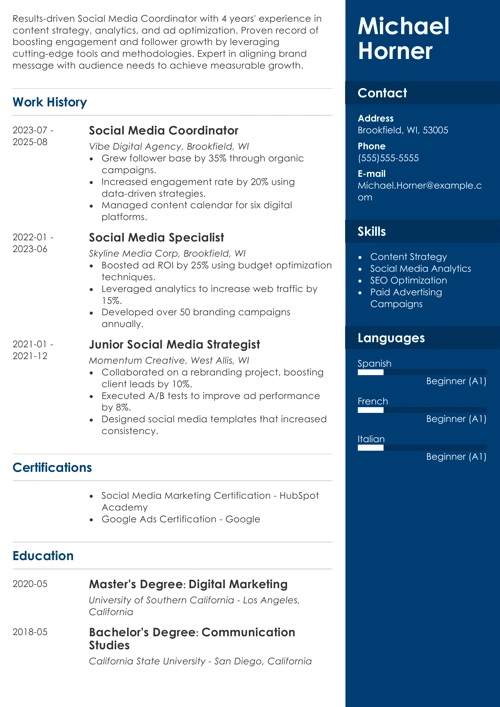 Social media coordinator resume example