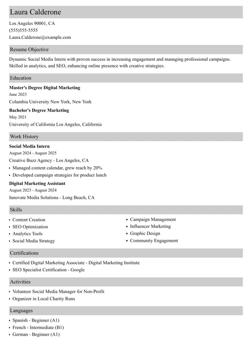 social media intern resume example