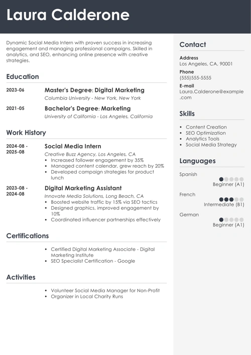 social media intern resume example