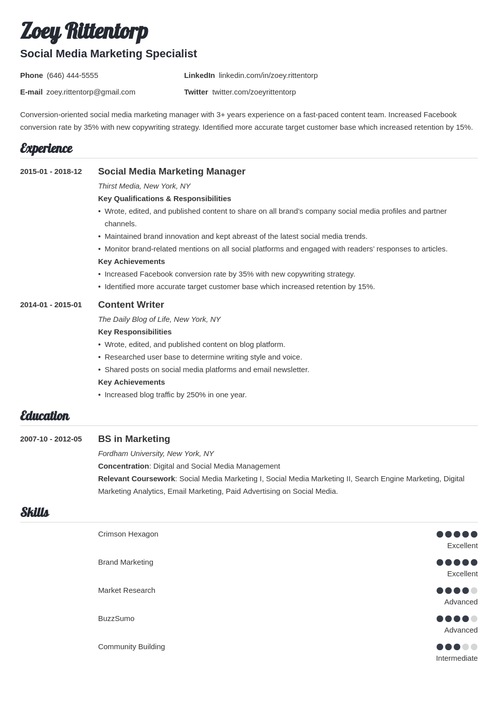 Social Media Manager Resume Sample Skills Included 