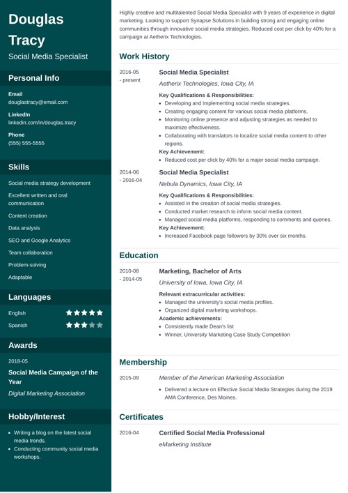 Social media resume example