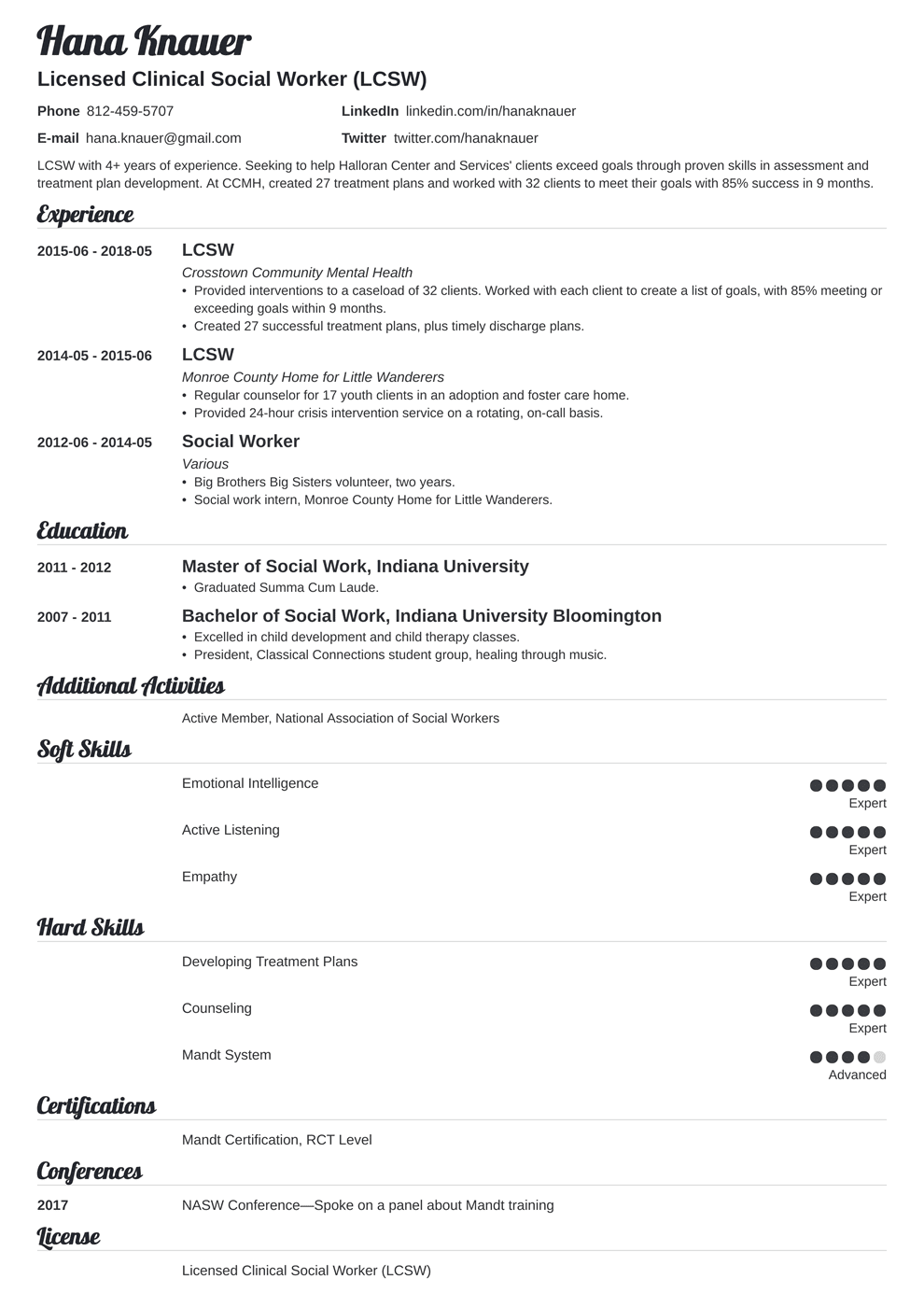 example resume social worker