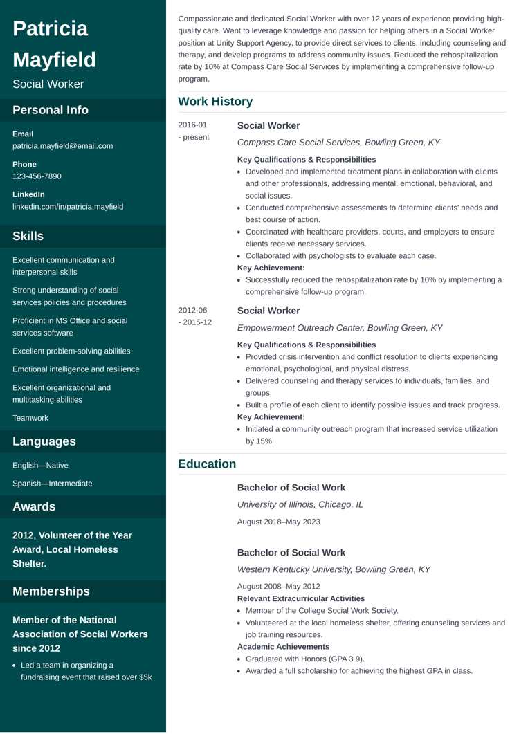 junior social work resume by Zety