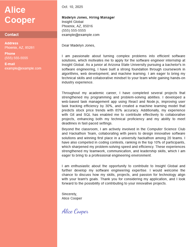 Software engineer internship cover letter
