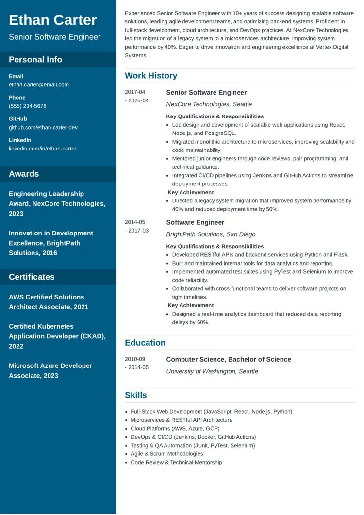 senior software engineer resume example by zety
