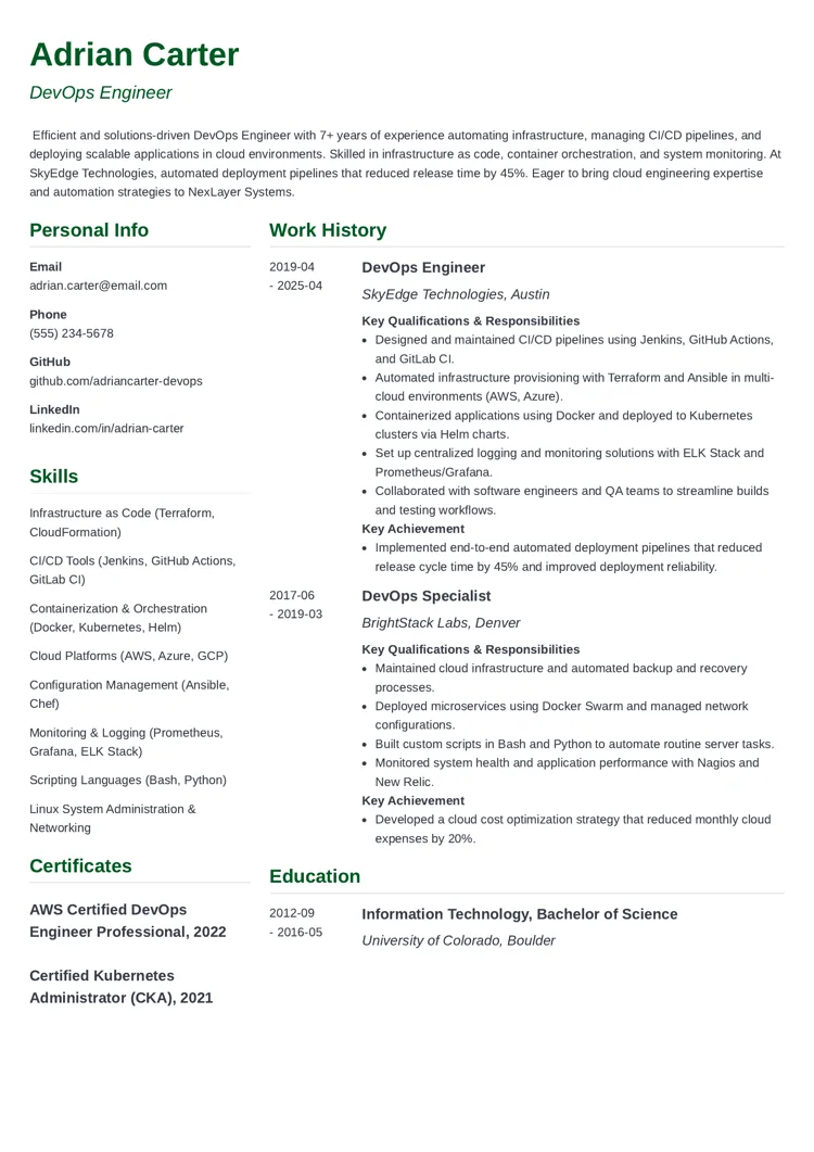DevOps Engineer resume example by zety