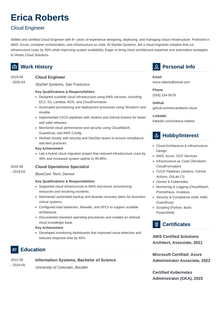 Cloud Engineer Resume Example by zety