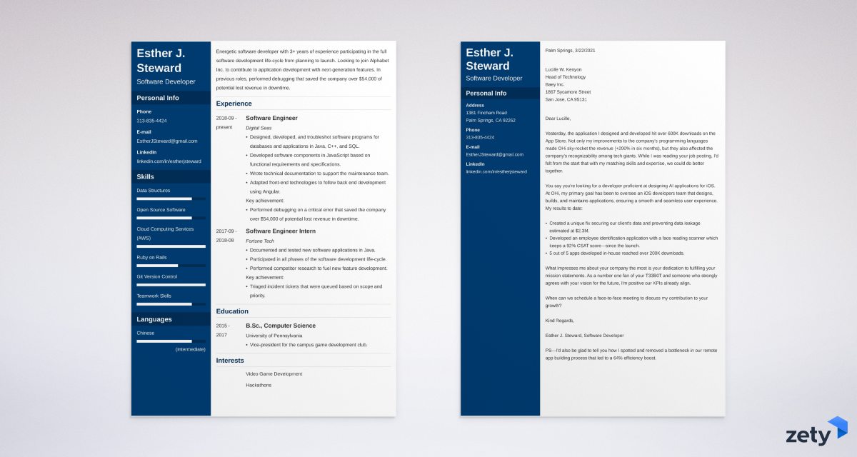 software developer resume and cover letter set