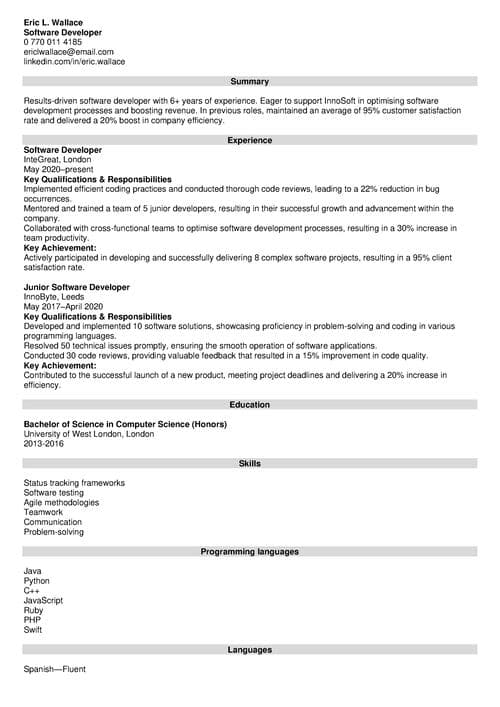 software developer CV example